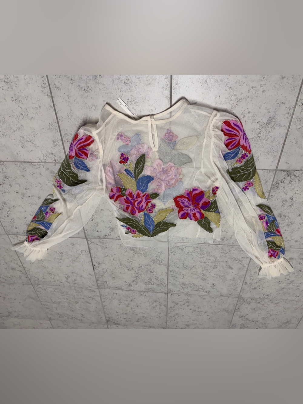 Anthropologie Cream Sheer Mesh Top with floral Embellishment bohemian - Picture 4 of 4